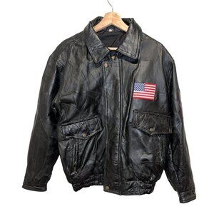 Vtg Mens Black Leather Bomber Jacket With American Flag Patch Size SMALL